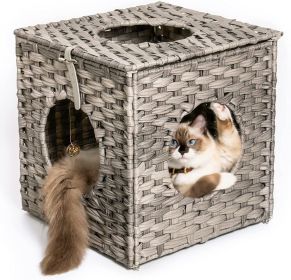 Mewoofun Handmade Cat Supplies Cat House for Indoor Woven Rattan Designed Pets (Color: Grey)